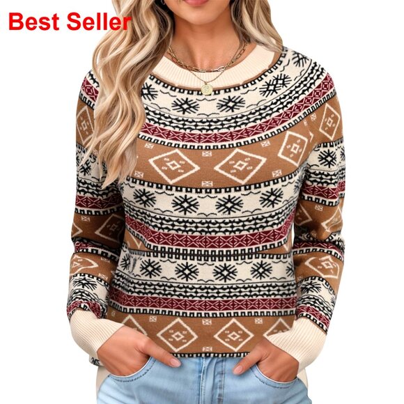 Sweaters - Vintage Fair Isle Sweater Raglan Sleeve Crew Neck Knitted Pullover Lightweight